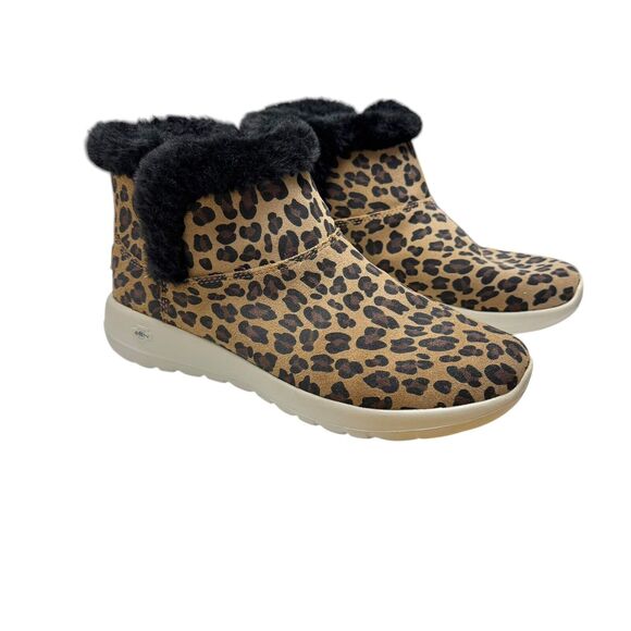 Skechers On-The-Go Joy Ankle Boots Suede Snow Kitty Leopard Walking Cozy EUC 9 - Picture 1 of 12